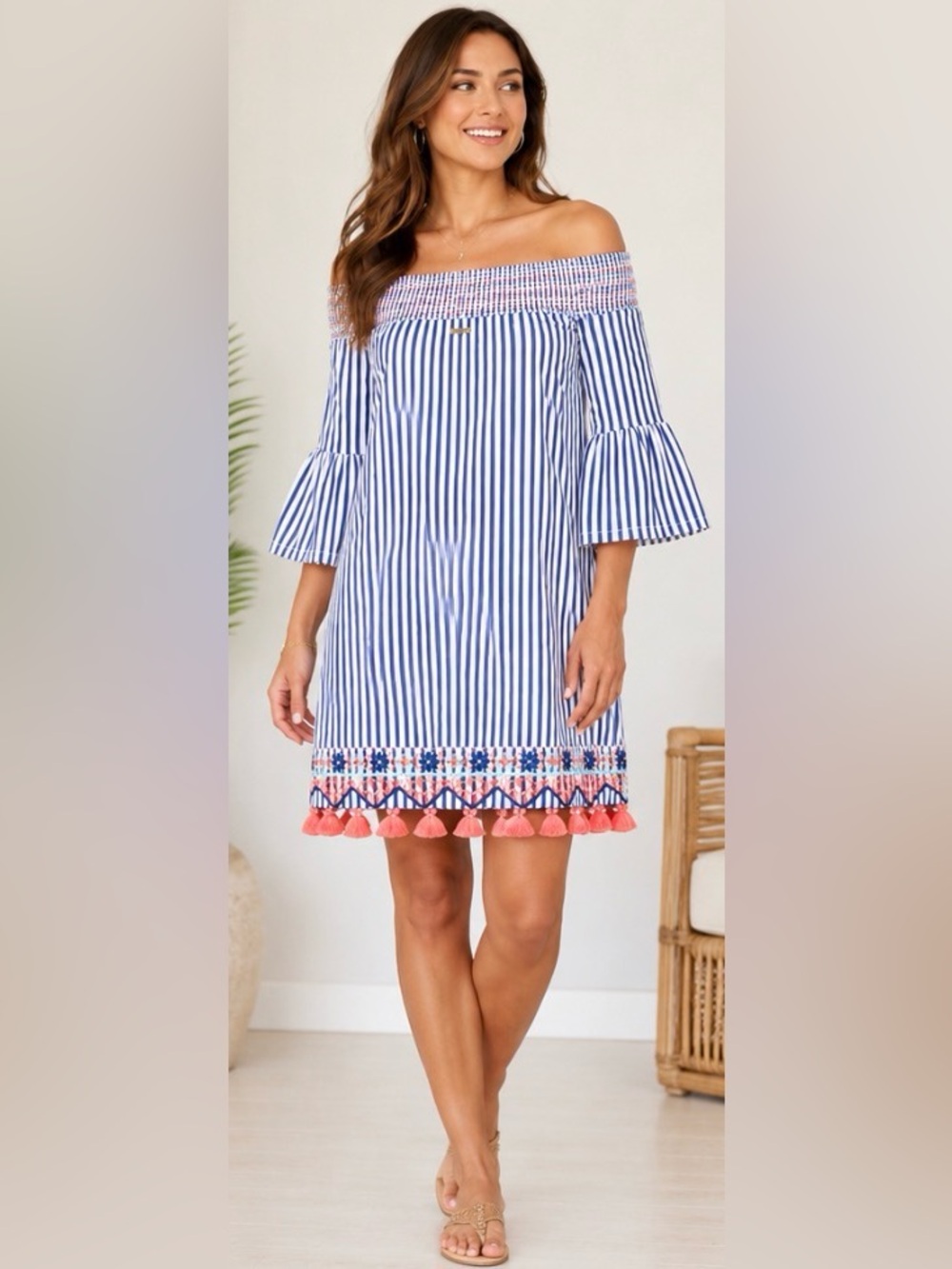 Cabana Life St. Barts Coverluxe Smocked Dress Tassel Hem Off Shoulder Small NWT